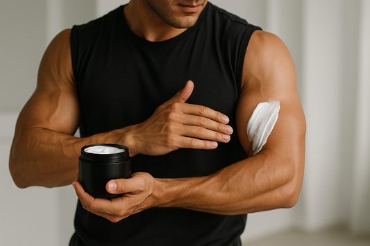 muscular man applying white lotion to arms from a black lotion jar 